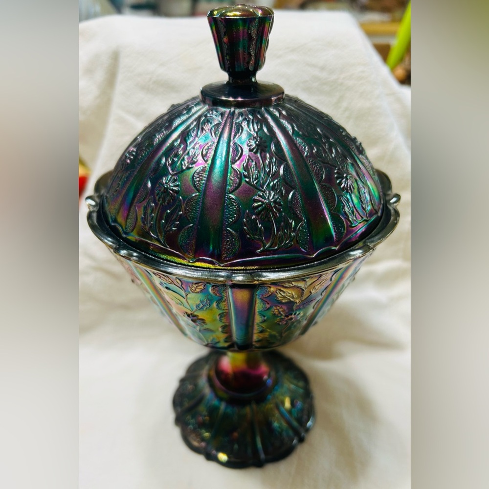 Vintage Fenton Black carnival glass paneled amethyst daisy candy dish. Mint